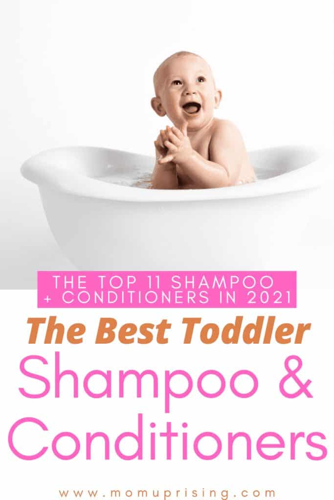 image of light skinned baby smiling in a white tub with a white background and words say best toddler shampoo and conditioner